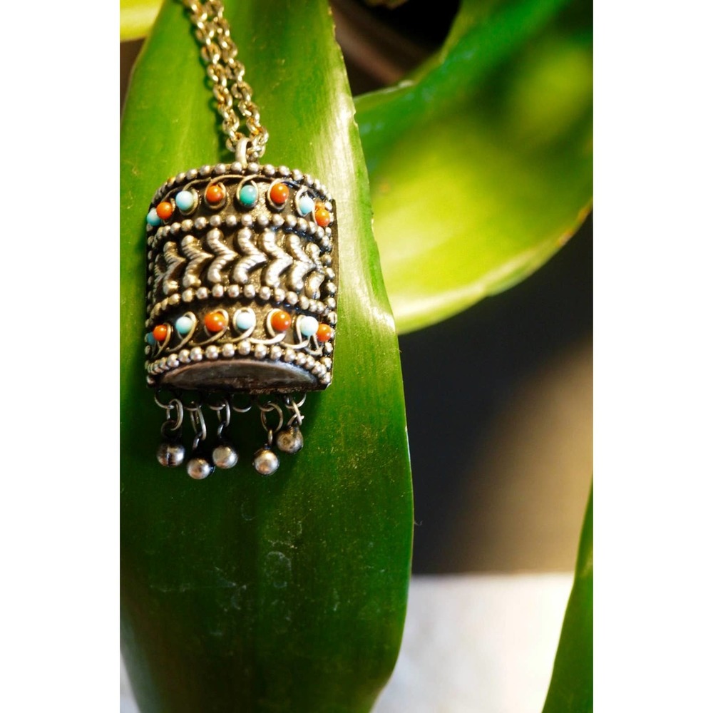 Tribal Turquoise and Coral Sterling Silver Necklace/Gypsy Pendant/Boho Jewelry